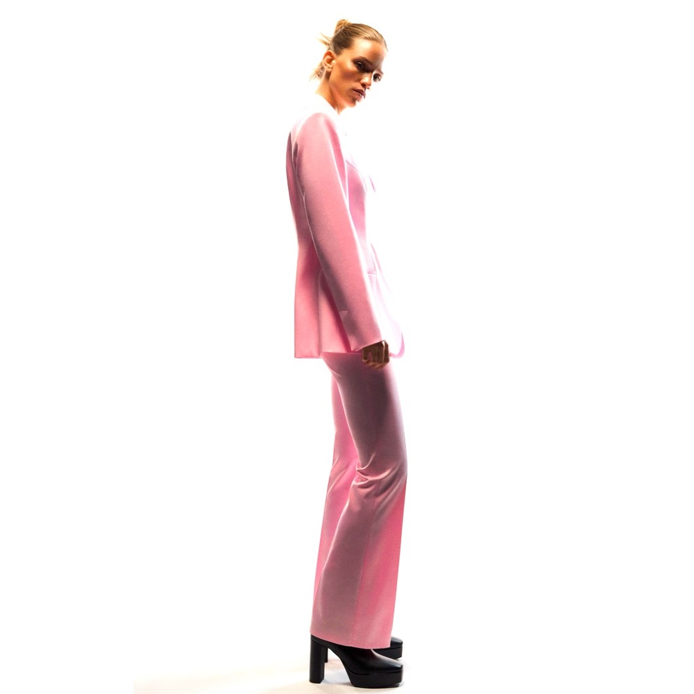Satin effect pants and jacket suit set.